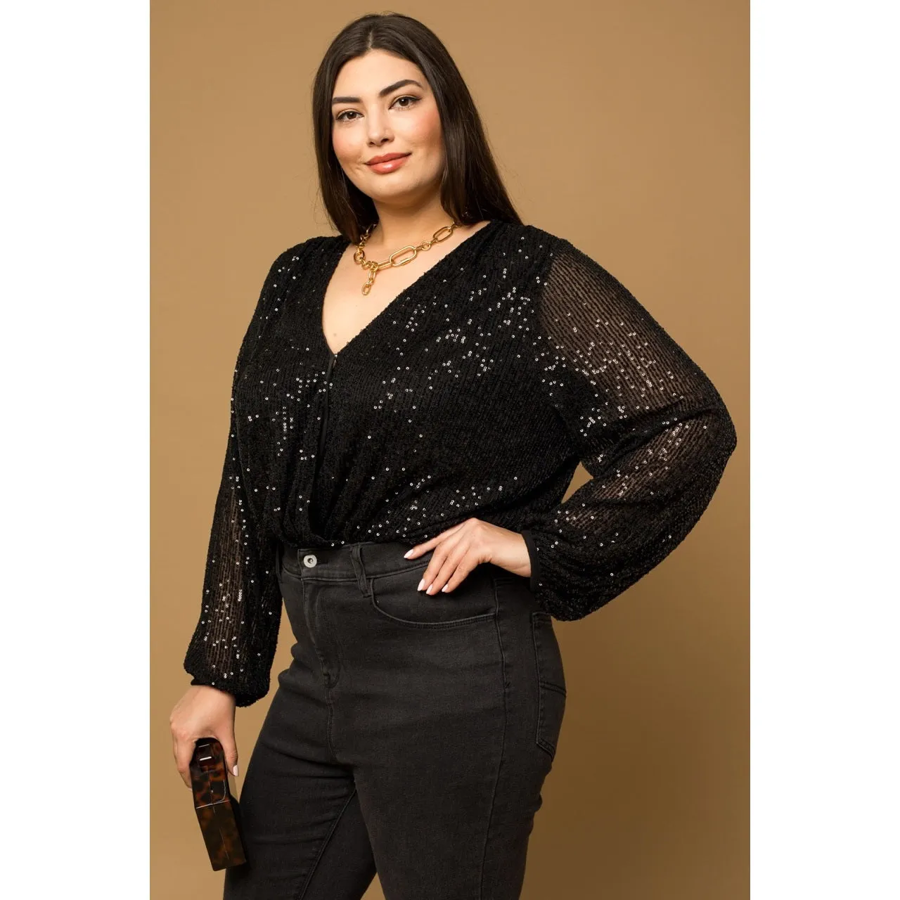 Plus Size Sequin Surplice Long Sleeve Bodysuit - Final Sale Item