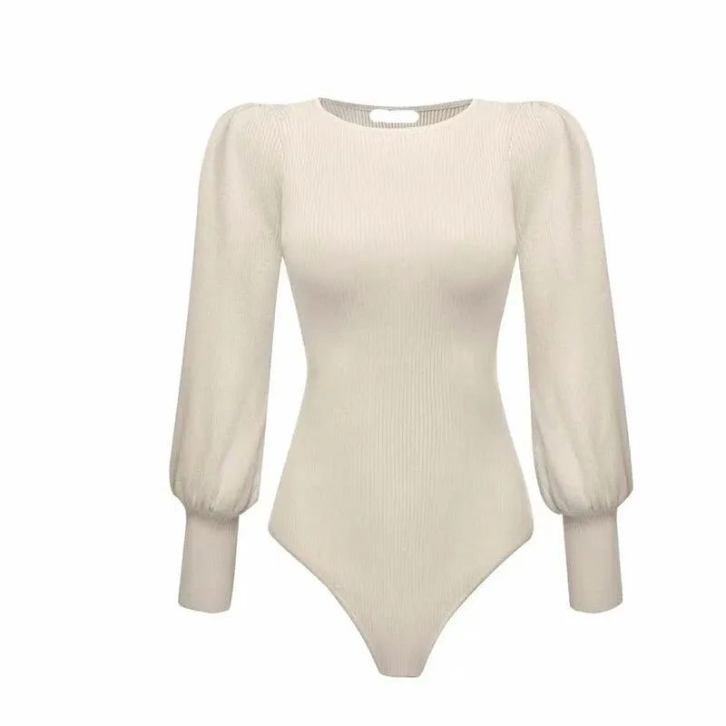 Pre Order:  Puff Sleeves Knitted Slim Bodysuit