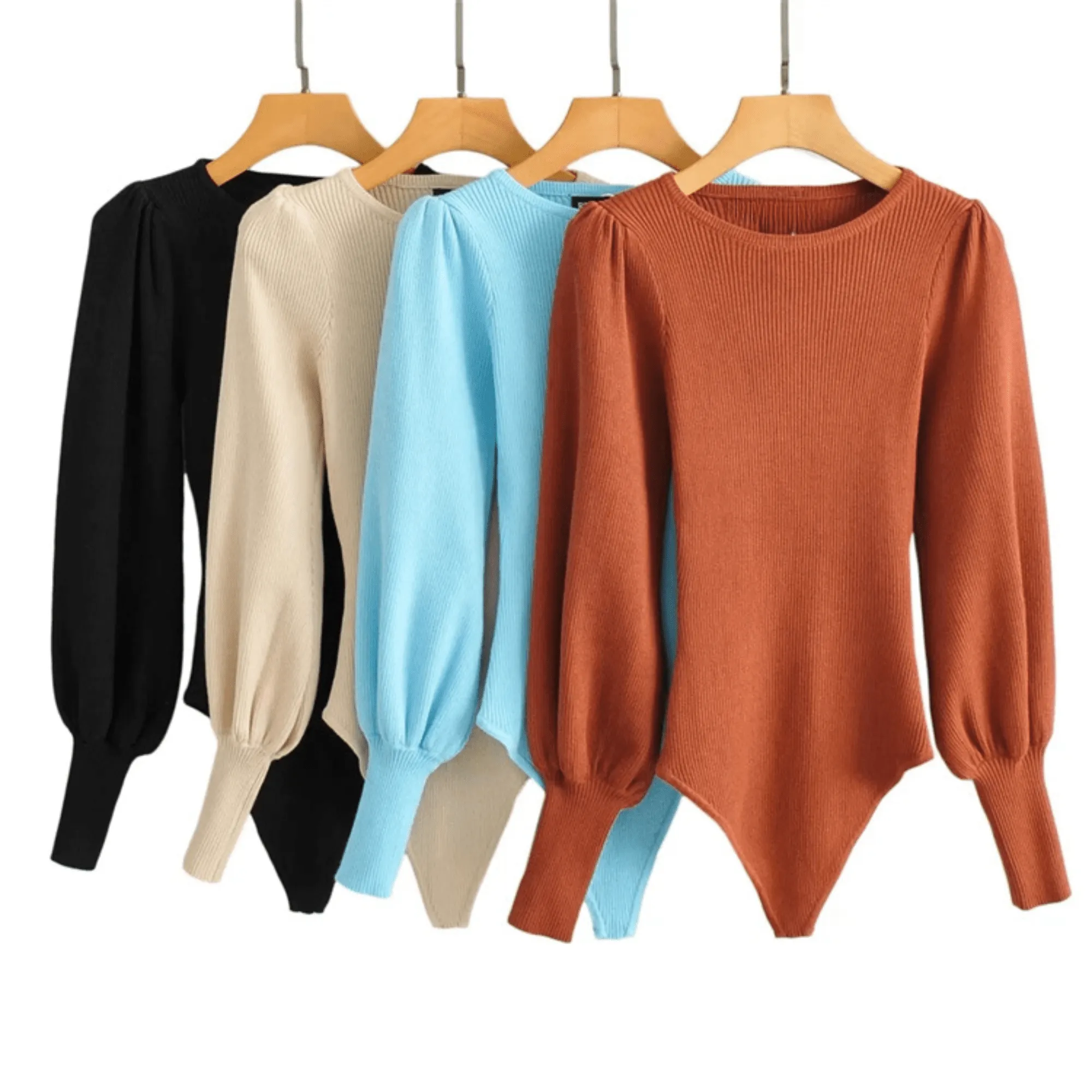 Pre Order:  Puff Sleeves Knitted Slim Bodysuit