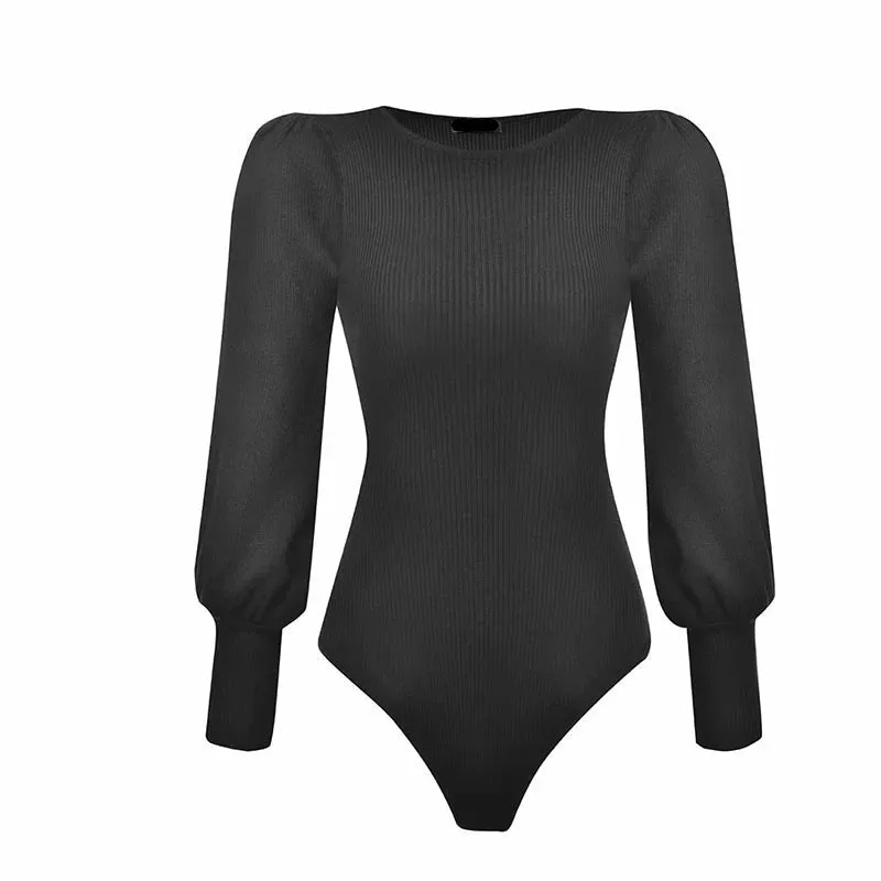 Pre Order:  Puff Sleeves Knitted Slim Bodysuit