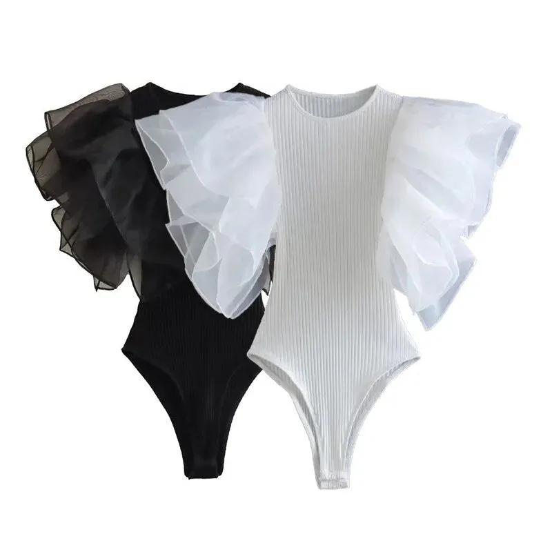 Pre Order:  Ruffle Sleeves Skinny Knitted Bodysuit