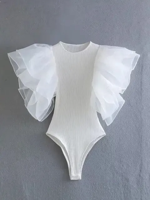 Pre Order:  Ruffle Sleeves Skinny Knitted Bodysuit