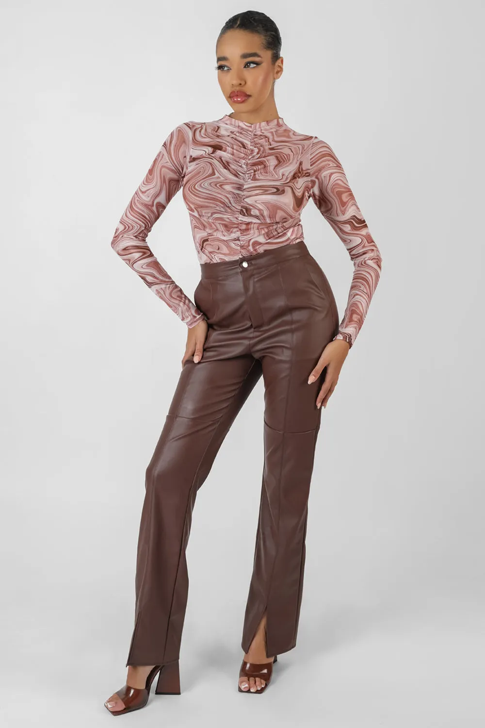 Printed Mesh High Neck Bodysuit Brown