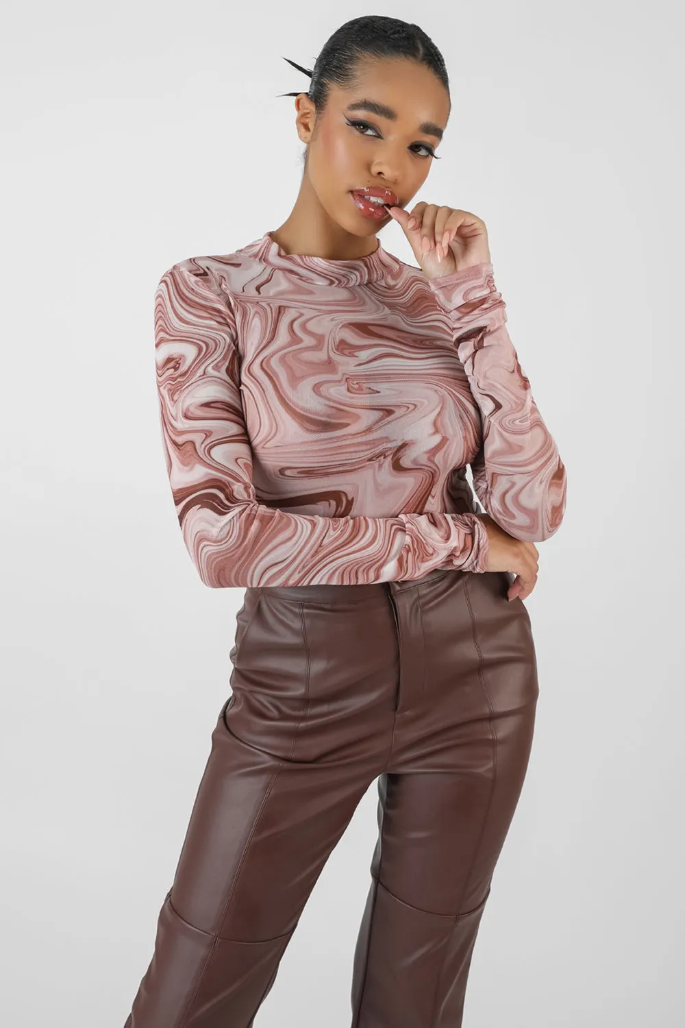 Printed Mesh High Neck Bodysuit Brown