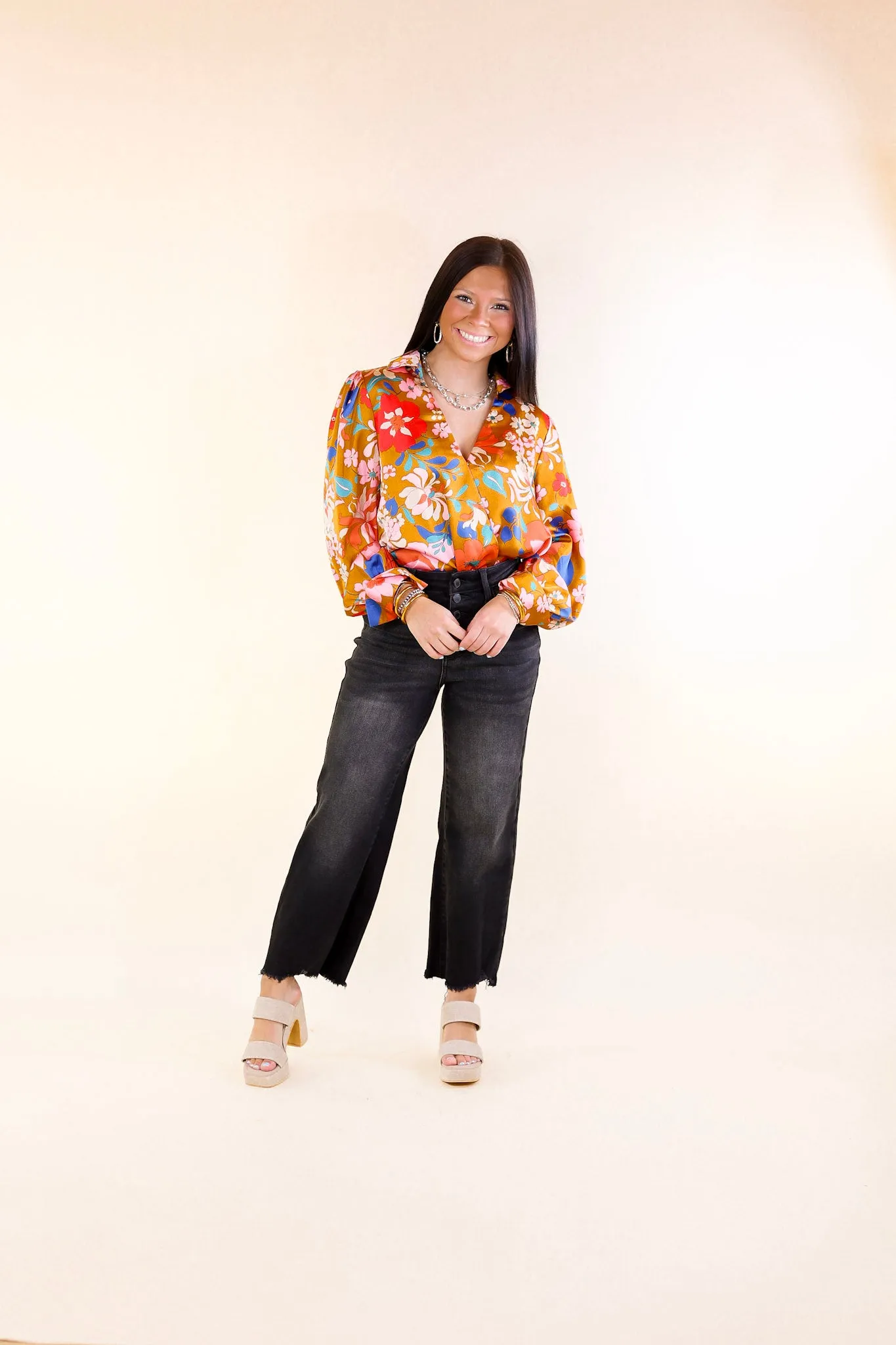 Release Your Inhibitions Floral Long Sleeve Bodysuit in Gold