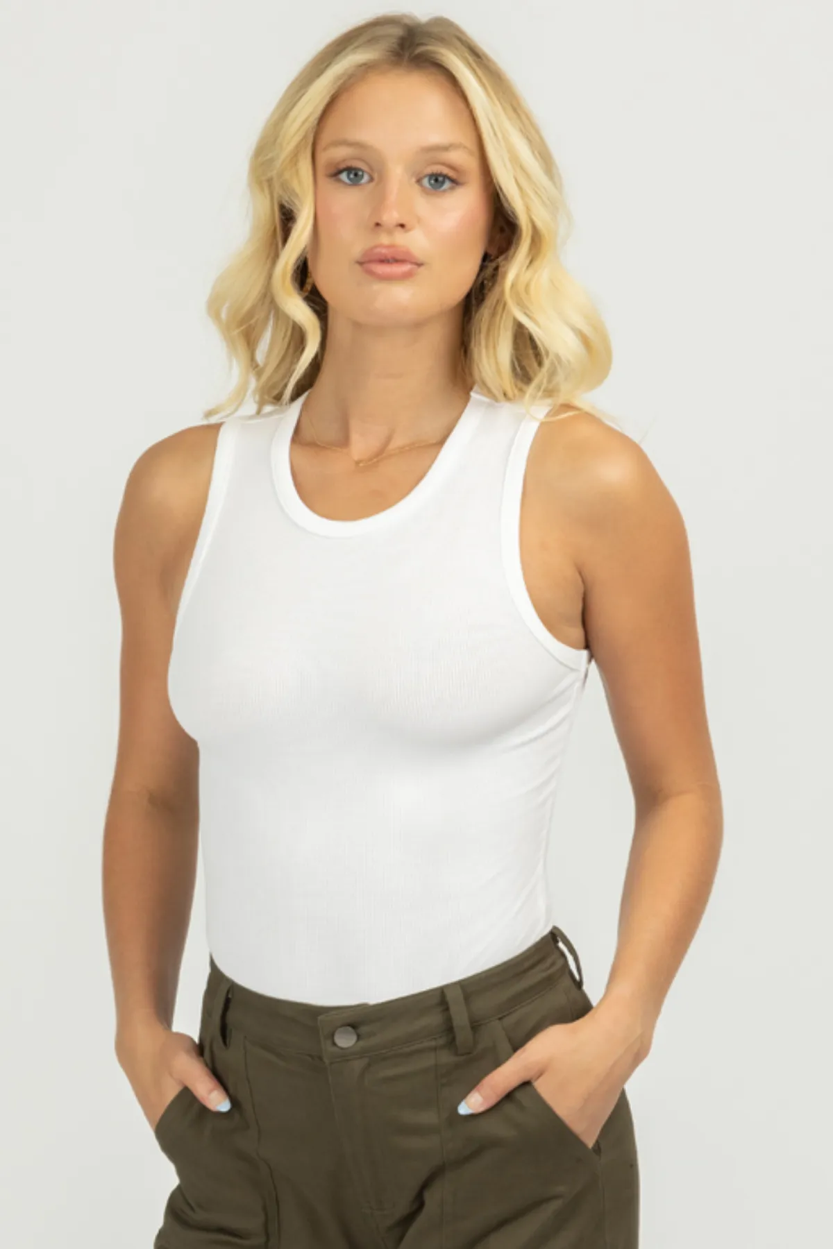 ROUND NECK SLEEVELESS BODYSUIT IN WHITE