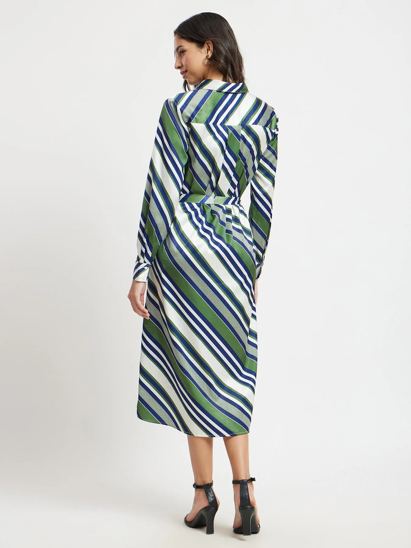 Satin Stripes Button Down Dress - Olive And Navy