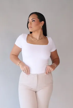 SECOND SKIN SHORT SLEEVE SQUARE NECK BODYSUIT (WHITE)