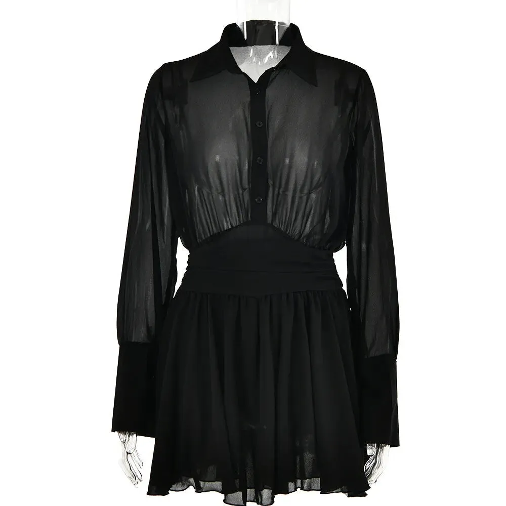 Sheer Collar Pleated Charming Shirt Mini Dress