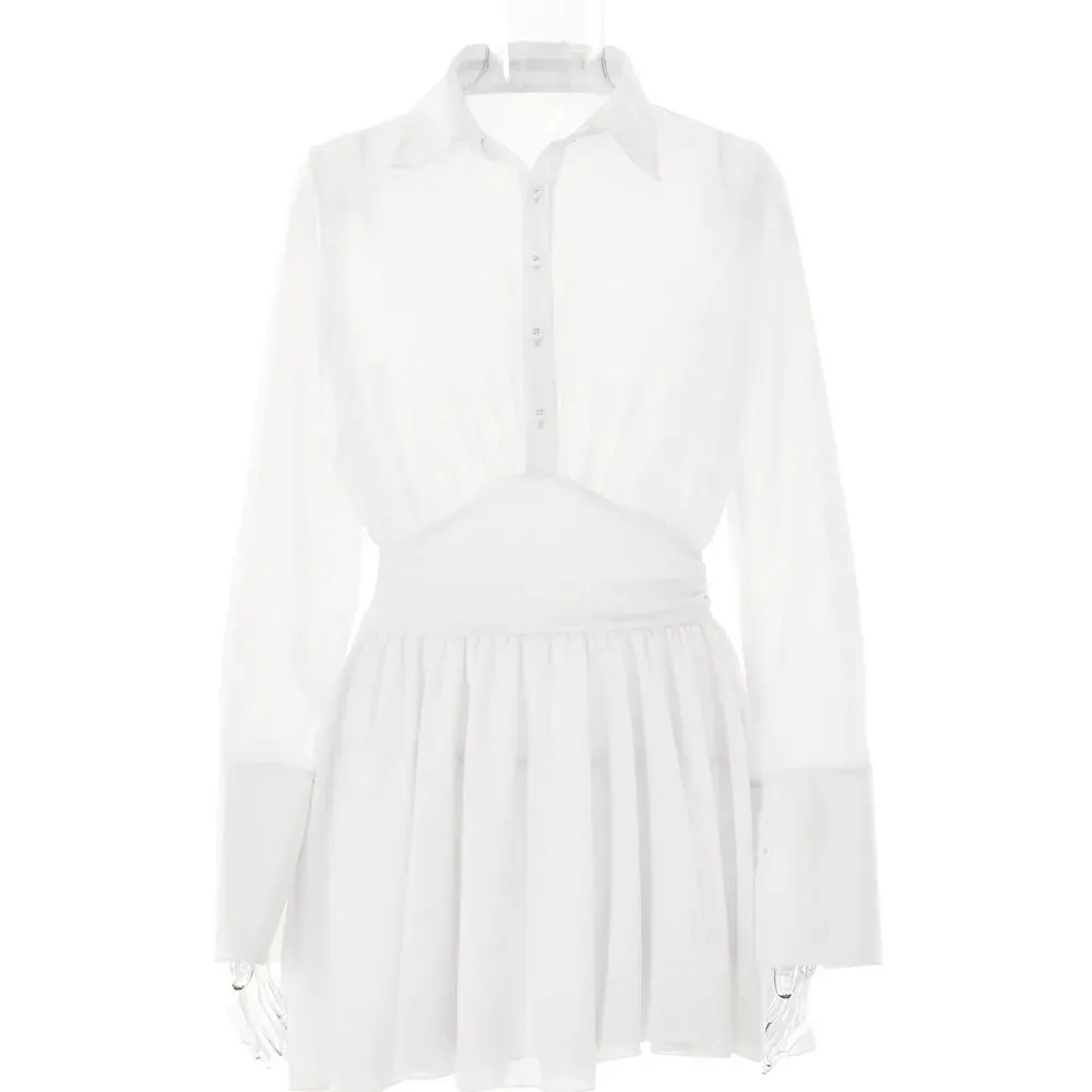 Sheer Collar Pleated Charming Shirt Mini Dress