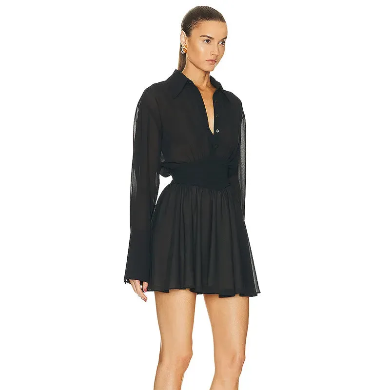 Sheer Collar Pleated Charming Shirt Mini Dress