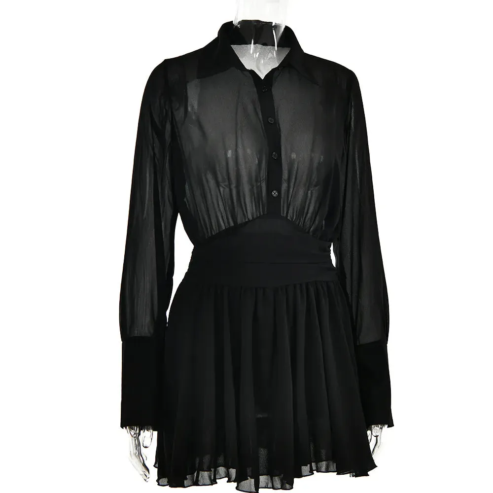Sheer Collar Pleated Charming Shirt Mini Dress