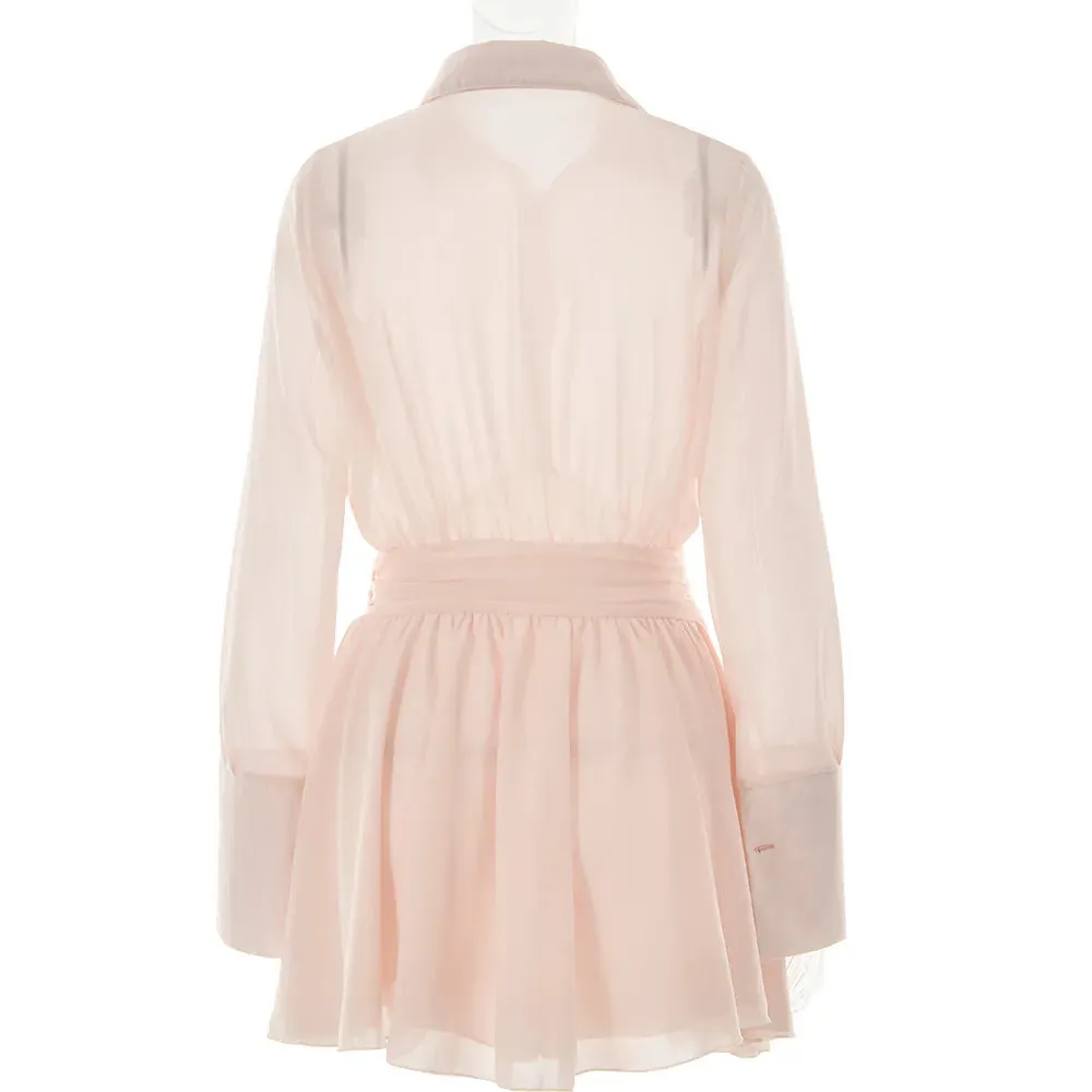 Sheer Collar Pleated Charming Shirt Mini Dress