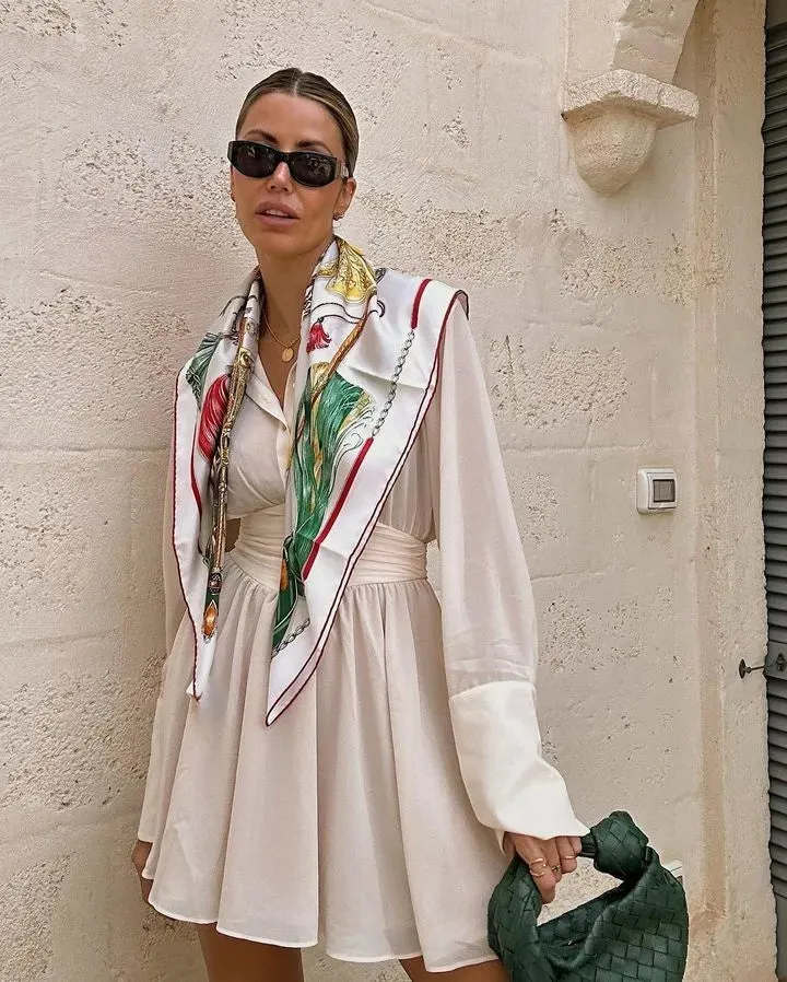 Sheer Collar Pleated Charming Shirt Mini Dress