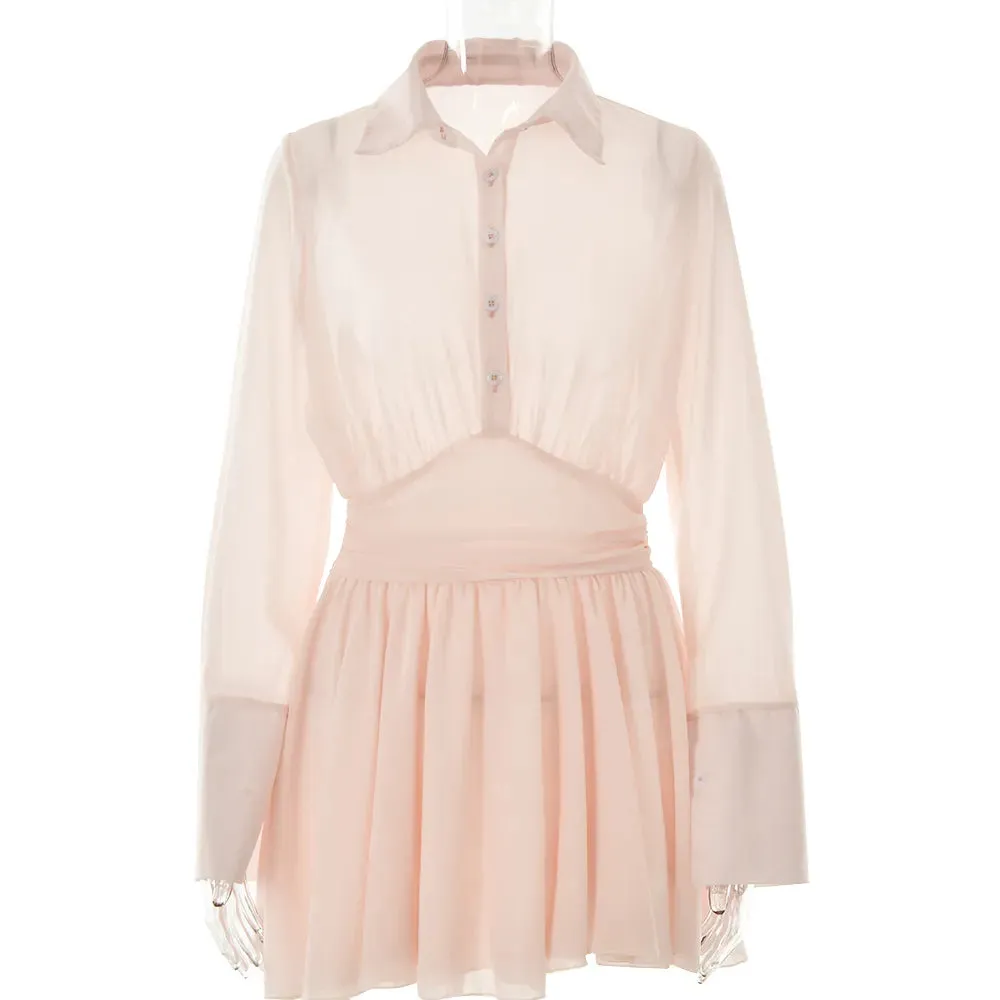 Sheer Collar Pleated Charming Shirt Mini Dress