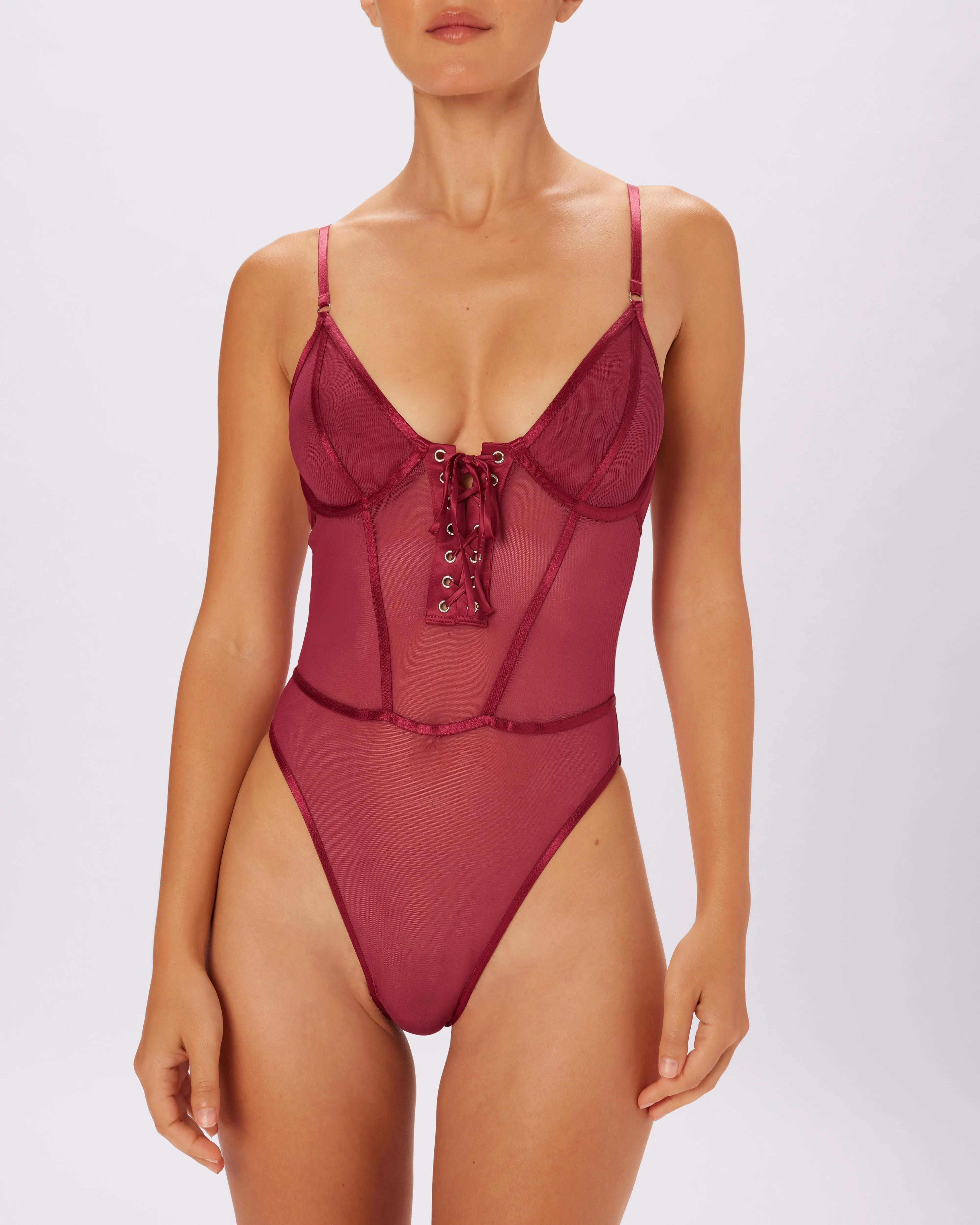 Sheer Sculpt Convertible Sleeve Bodysuit | Silky Mesh | Archive (Lambrusco)