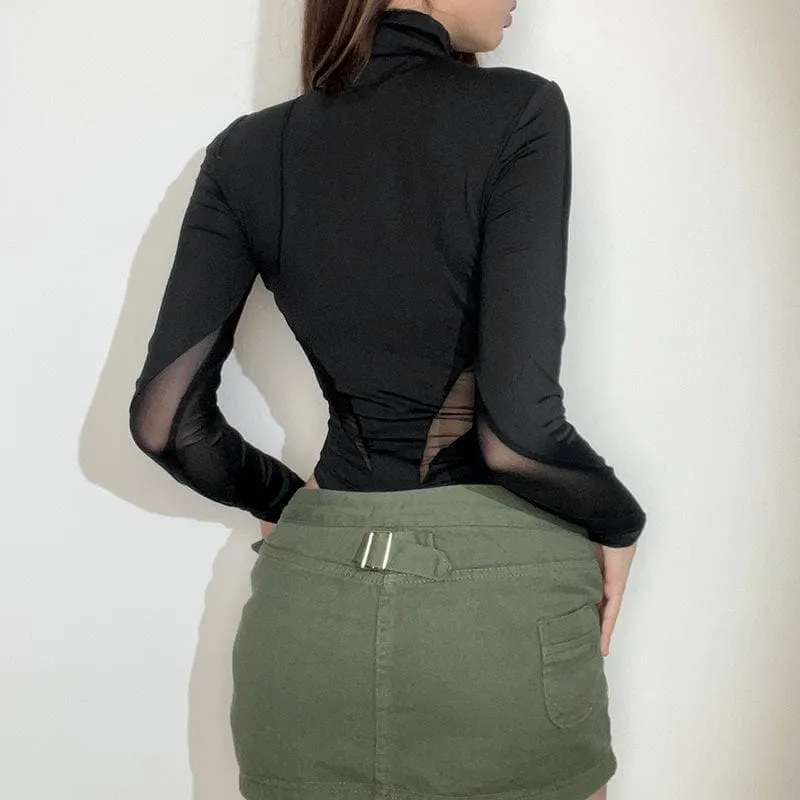 Solid long sleeve mesh gloves high neck patchwork bodysuit