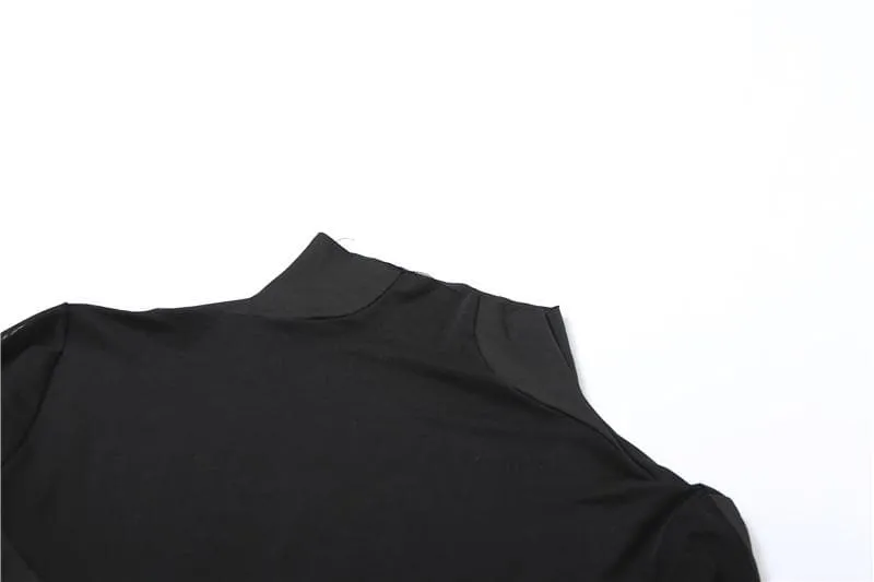 Solid long sleeve mesh gloves high neck patchwork bodysuit