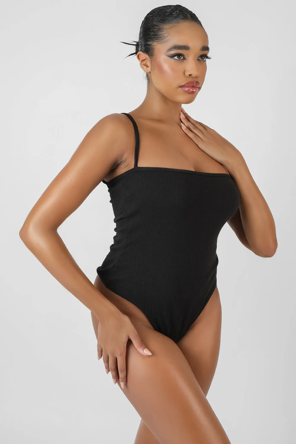 Square Neck Ribbed Bodysuit Black