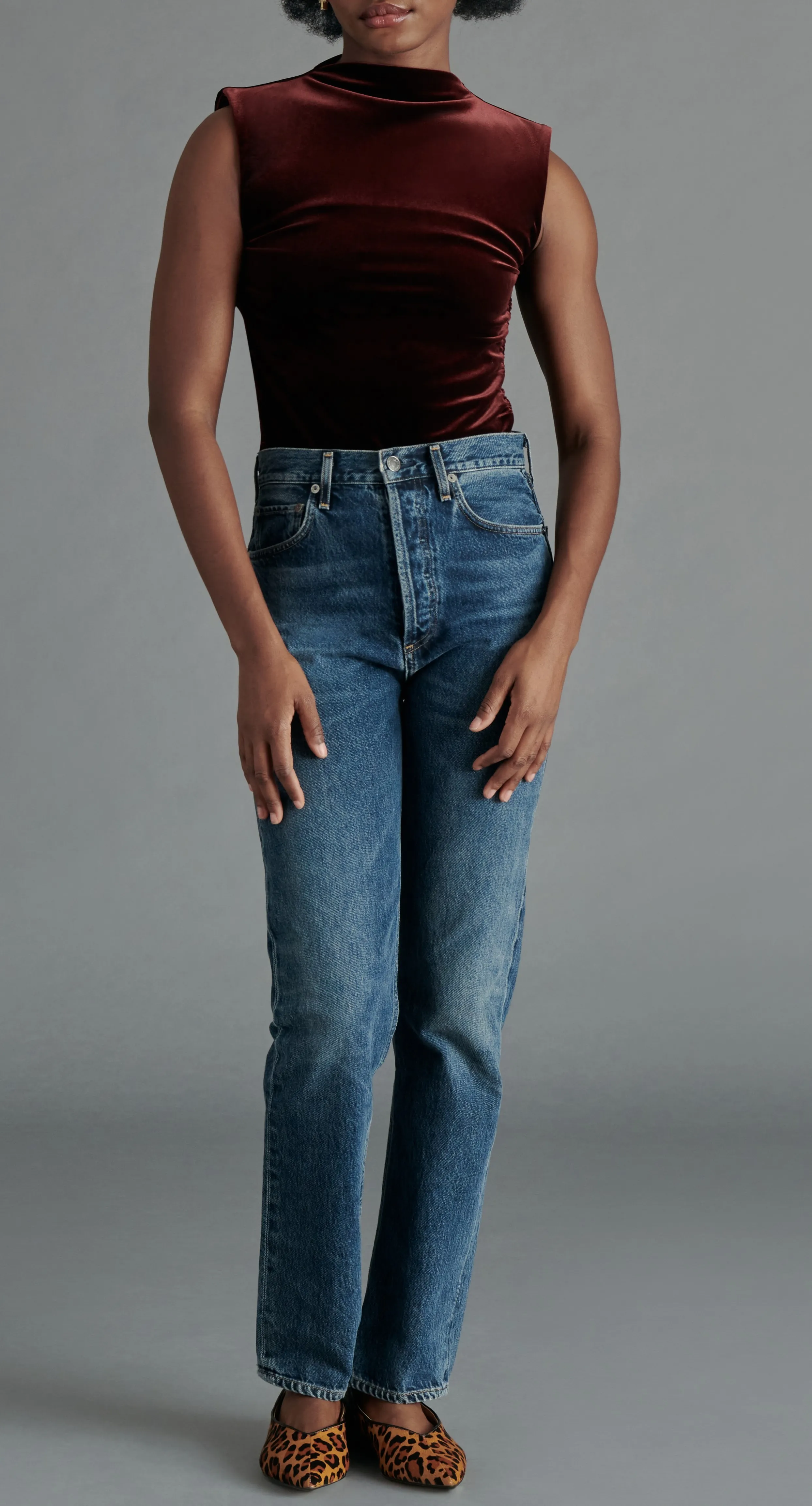 STE Esen Wine Mock Neck Ruched Bodysuit