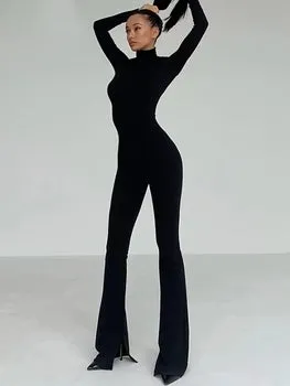 Turtleneck Knit Flared Pants Streetwear Sport Long Sleeve Bodycon Jumpsuit