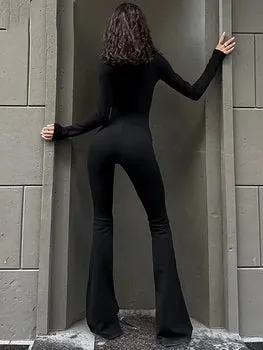 Turtleneck Knit Flared Pants Streetwear Sport Long Sleeve Bodycon Jumpsuit
