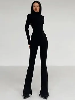 Turtleneck Knit Flared Pants Streetwear Sport Long Sleeve Bodycon Jumpsuit