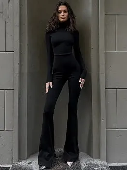 Turtleneck Knit Flared Pants Streetwear Sport Long Sleeve Bodycon Jumpsuit