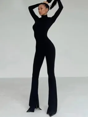 Turtleneck Knit Flared Pants Streetwear Sport Long Sleeve Bodycon Jumpsuit