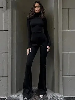 Turtleneck Knit Flared Pants Streetwear Sport Long Sleeve Bodycon Jumpsuit