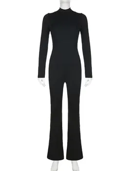 Turtleneck Knit Flared Pants Streetwear Sport Long Sleeve Bodycon Jumpsuit