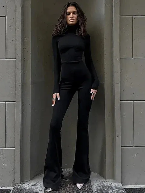 Turtleneck Knit Flared Pants Streetwear Sport Long Sleeve Bodycon Jumpsuit