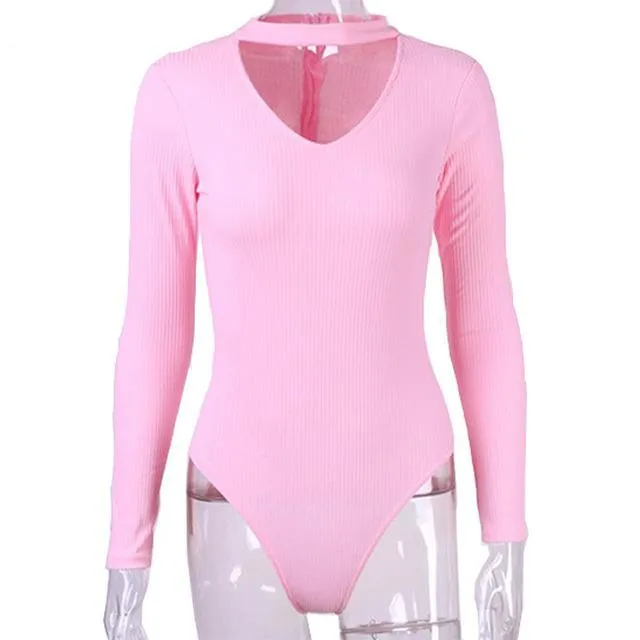 Women Casual Knitted Choker Neck Bodysuit